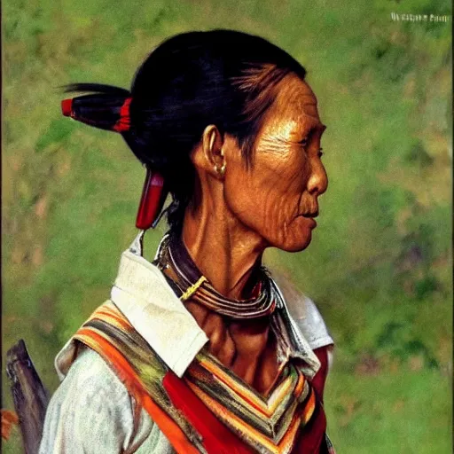 Image similar to high quality high detail painting by norman rockwell, hd, a skinny beautiful kayan female tribe leader, hair in wind, photorealistic lighting