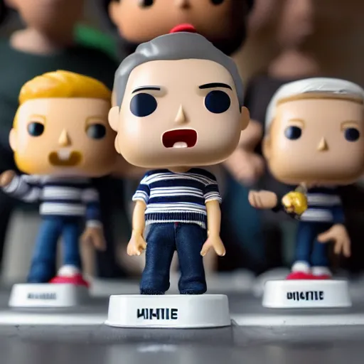 Prompt: a 21 year old skinny white guy with no beard and black hair in a navy blue sweater , jeans and grey shoes funko pop close up highly detailed photo