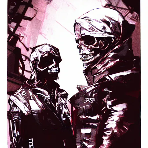 Prompt: futuristic cyberpunk traveler skull wearing black hood looking down by Yoji Shinkawa