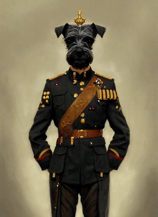 Image similar to portrait of stoic looking miniature schnauzer, military uniform, black fir, white eyebrows, fantasy, intricate, elegant, highly detailed, centered, dark, smokey, digital painting, artstation, concept art, smooth, sharp focus, illustration, art by artgerm and greg rutkowski and alphonse mucha