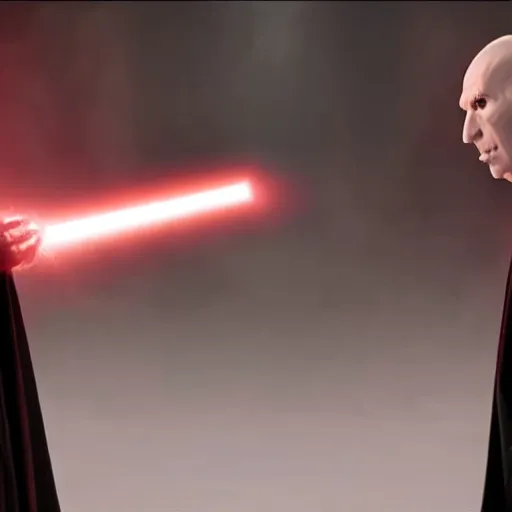 Image similar to photo of voldemort vs darth vader, 8 k cinematic