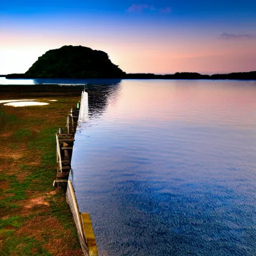 Image similar to a small island in the middle of the ocean, the water is smooth and reflective, there is a cherry tree on the island, pale sunset background, ghibli style