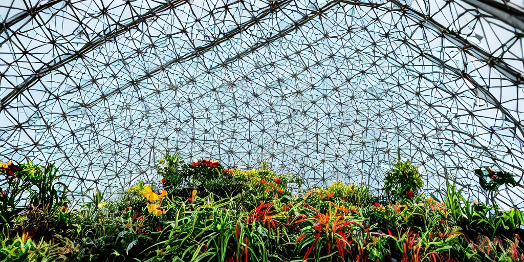 Prompt: geodesic dome greenhouse interior, bright colors, cinematic, cyberpunk, smooth, chrome, lofi, calming, dramatic, studio ghibli, high contrast, epic composition, hyper realistic, concept art, XF IQ4, 150MP, 50mm, F1.4, ISO 200, 1/160s, natural light, photolab