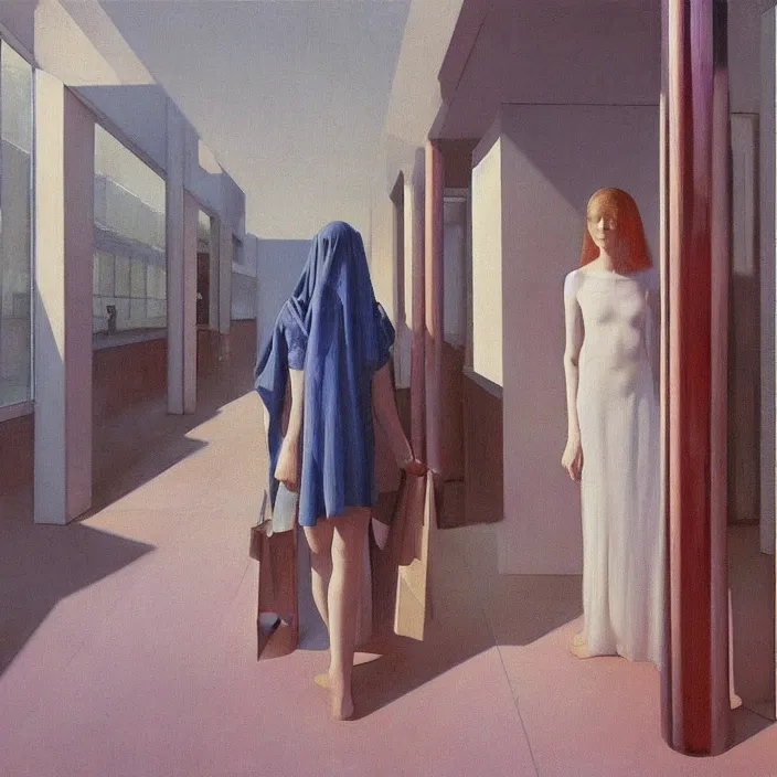 Prompt: woman in transparent robes, short skirt, in magnificent shopping mall, oil painting by edward hopper, zdislav beksinski, wayne barlowe