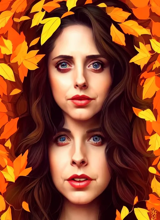 Prompt: full body gorgeous young Alison Brie, realistic character concept, full body pose, autumn leaves, orange yellow, shorter neck, illustration, symmetrical face and body, cinematic lighting, detailed realistic symmetrical eyes, artgerm, Joshua Middleton, single face, insanely detailed and intricate, beautiful