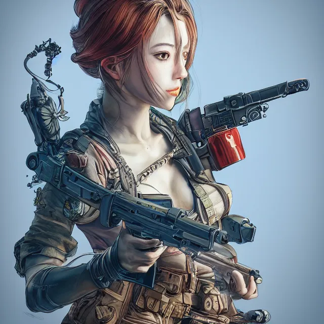 Image similar to the portrait of lawful neutral semi - colorful female infantry gunner as absurdly beautiful, gorgeous, elegant, young gravure idol, an ultrafine hyperdetailed illustration by kim jung gi, irakli nadar, intricate linework, bright colors, octopath traveler, final fantasy, unreal engine 5 highly rendered, global illumination, radiant light, detailed and intricate environment