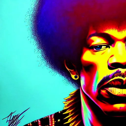 Image similar to portrait of jimi hendrix, extremely psychedelic, surreal, dramatic lighting, detailed, intricate, highly detailed, digital painting, artstation, concept art, smooth, sharp focus, illustration