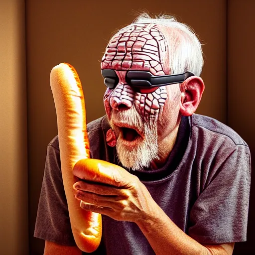 Prompt: Colour Photography of 1000 years old man with highly detailed 1000 years old face wearing higly detailed VR Headset. Man eating hot-dog in style of Josan Gonzalez