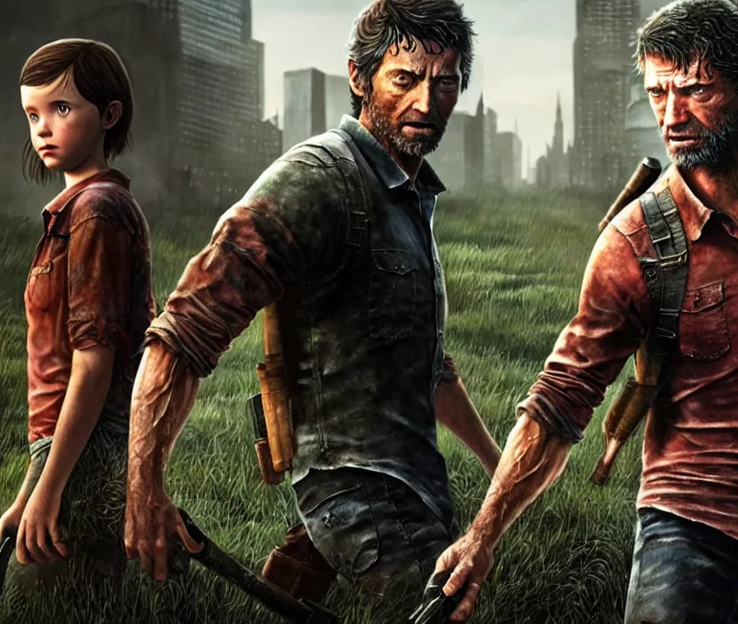 Image similar to hugh jackman as joel from the last of us standing with millie bobby brown as ellie, character concept art, hyperrealistic, detailed, accurate illustration, dramatic lighting