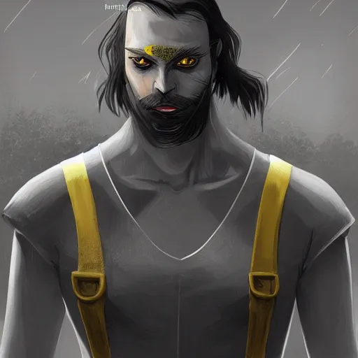 Image similar to Photo of the man with pale ash-colored skin, with yellow cat-eyes with vertical pupils, black thick hair with a touch of gray to the shoulders, with neat stubble, similar to a small beard and with a strong build. He wore a plain old shirt, with a light leather armor, male, elegant, digital fantasy art, hands straight down, insane, under light, Trending on artstation