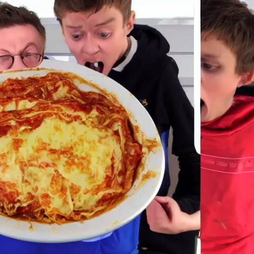 Image similar to Wigeusz YouTuber screaming at children eating his lasagne