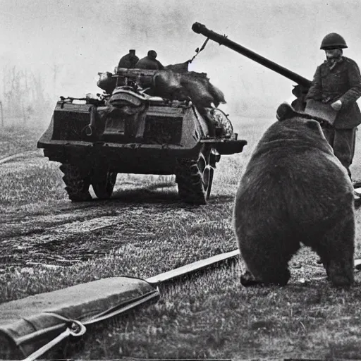 Image similar to a picture of a enormous bear pulling a towed canon on wheel behind him, eastern front, ww 2, historical picture