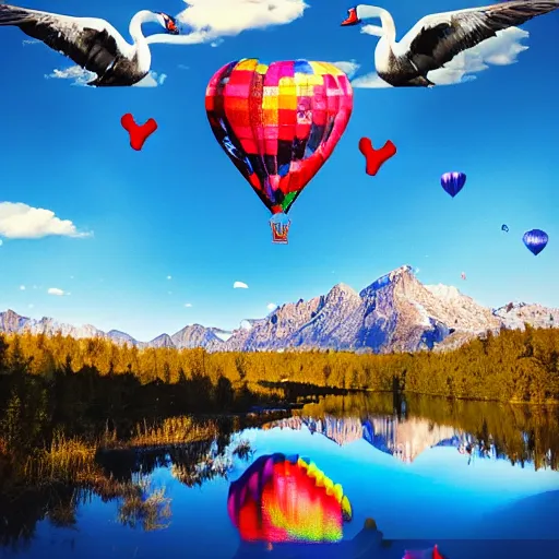 Image similar to photo of two black swans swimming in a beautiful reflective mountain lake, touching heads, forming a heart with their necks, a colorful hot air balloon is flying above the swans, hot air balloon, intricate, 8k highly professionally detailed, HDR, CGsociety