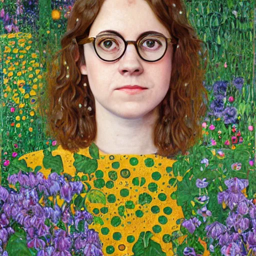 Prompt: a portrait of young female asa Butterfield mixed with pam beesly, a slight smile, wearing gold colored cat-eye glasses, surrounded by plants, by gustav klimt