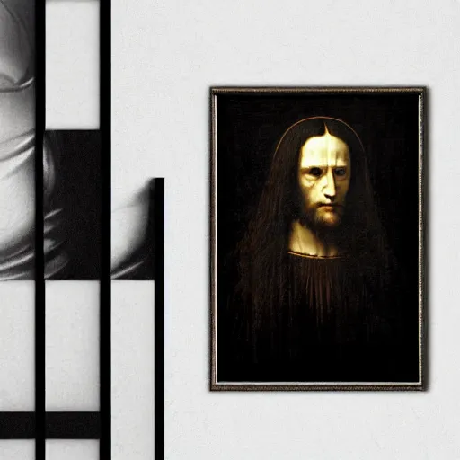 Prompt: black metal cover art with leonardo da vinci portrait, detailled, dark, evil