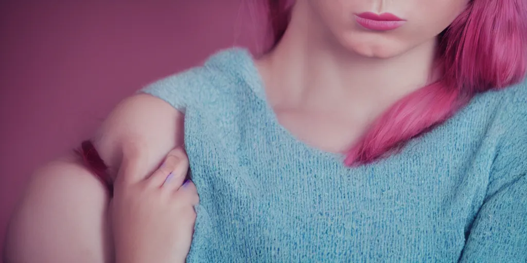 Prompt: a close up photo of a beautiful young woman with accents of cyan and pink. Moody and melanchony