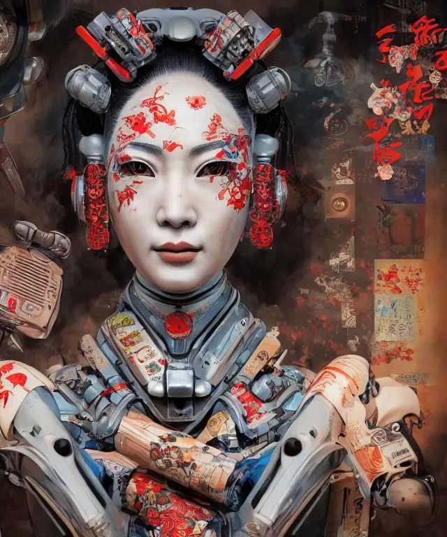 Image similar to an epic fantastic realism comic book style portrait painting of a japanese robotic geisha with kanji tattoos and decals, apex legends, octane render, intricate detail, 4 k hd, unreal engine 5, ex machina, irobot, gerald brom