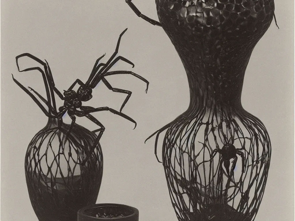 Image similar to gothic vase, pot, jug in the shape of black widow spider. karl blossfeldt, salvador dali