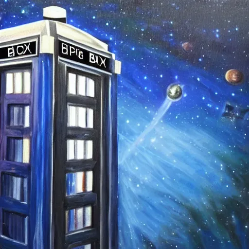 Image similar to oil painting of the tardis from dr who flying through space. beautiful. space. police box