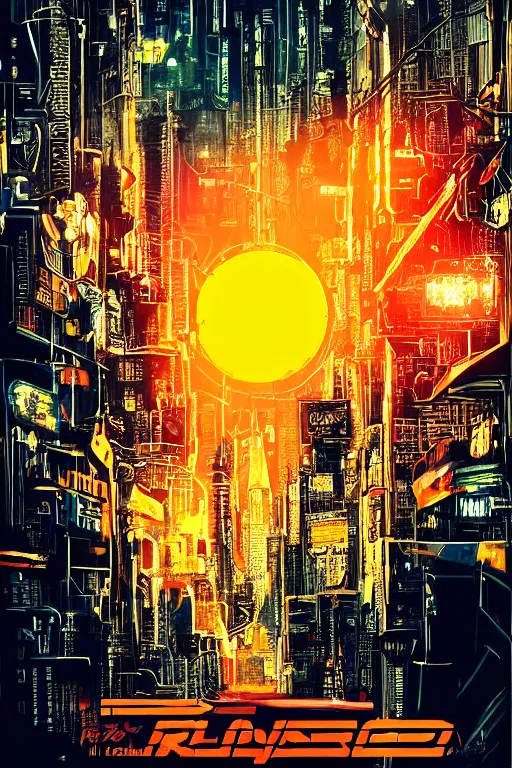 Prompt: movie poster for randypunk, intricate, orange sphere overlooking city, street gang, dramatic lighting, cyberpunk city, epic composition, bladerunner, tatsuki fujimoto