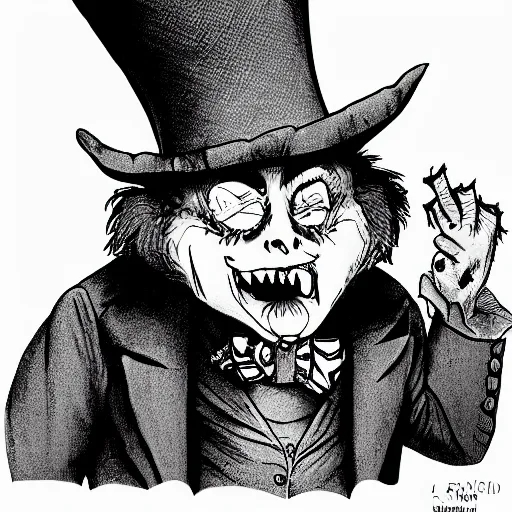 Image similar to a Pop Wonder scary horror themed goofy-hilarious-character Mad-Hatter-wearing a scarf, 3-piece-suit, dime-store-comic drawn with charcoal and pen and ink, half-tone-line-stacking