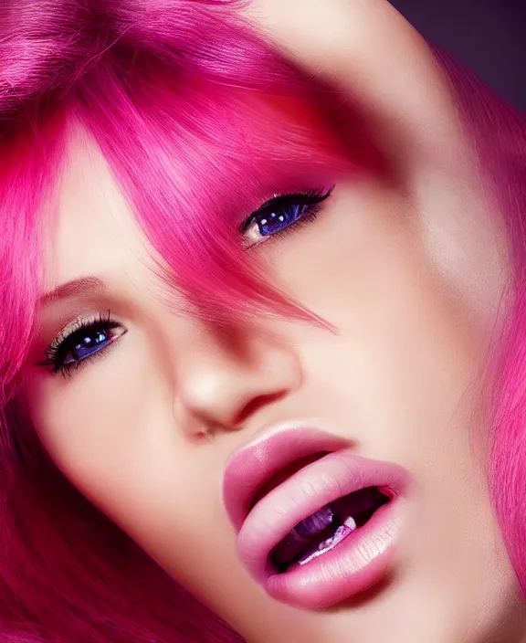 Image similar to ultra realistic portrait of a hot woman, colorful hair, pink lips, gorgeous smile, stunning, hottest, 8K resolution, 3D, Octan render,