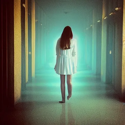 Prompt: “A beautiful photograph of a young girl as a ghost, blue lighting, hallway”