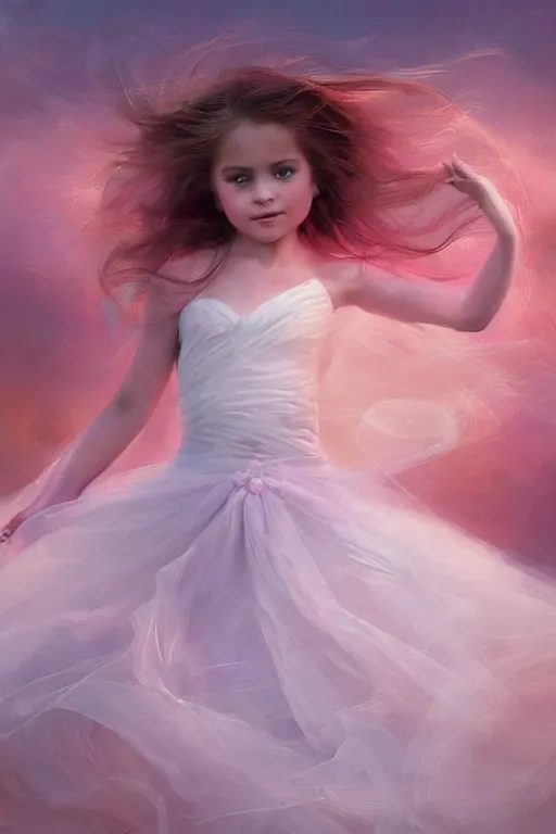 Prompt: very beautiful little girl dancing in the wind, beautiful face, ethereal, beautiful wedding dress, pink, gorgeous, volumetric lighting, elegant, fluid, ultradetailed, digital painting, concept art, illustration, limited color palette, atmosphere and tension, art by greg olsen and liz lemon swindle