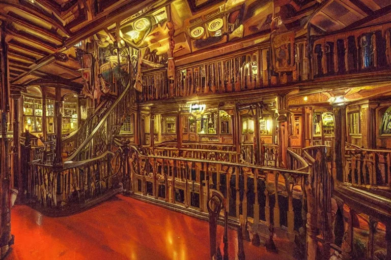 Image similar to full - color photo of the interior of the spooky winchester mystery house at night. the interior architecture and layout are illogical, surreal, bizarre, complicated, and labyrinthine. there is a faintly - visible victorian ghost lurking.