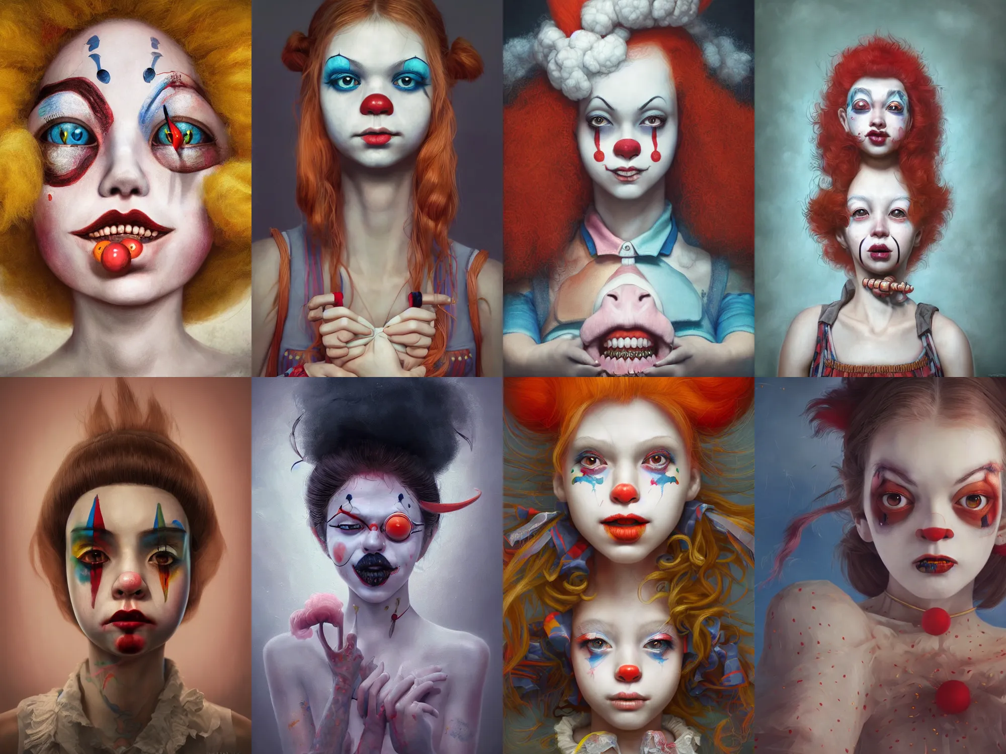 Image similar to breathtaking detailed painting of clown girl , with anxious, piercing eyes, Atari game cover art by Hsiao-Ron Cheng, James jean, Miho Hirano, Hayao Miyazaki, extremely moody lighting, hyperrealistic, octane render, RPG portrait, ambient light, dynamic lighting