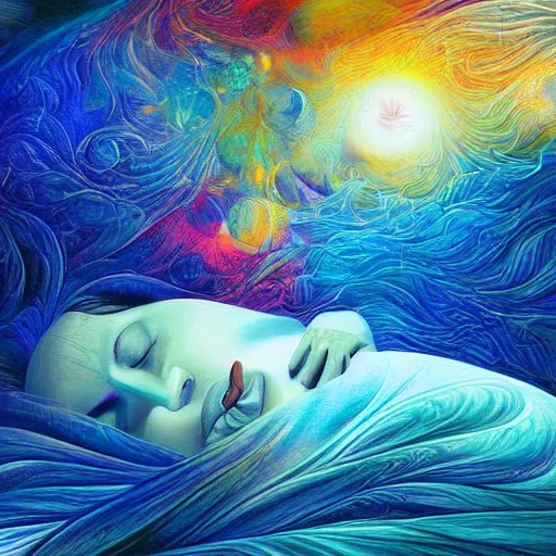 Image similar to Surreal painting depicting drifting off in to sleep, wake initiated lucid dream, digital art, beautiful colours, amazing composition, astonishing detail, smooth lines, award winning