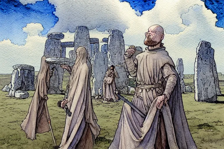 Image similar to a realistic and atmospheric watercolour fantasy concept art of a dirty medieval monk in grey robes pointing to the sky in stonehenge. a ufo is in the sky. by rebecca guay, michael kaluta, charles vess and jean moebius giraud