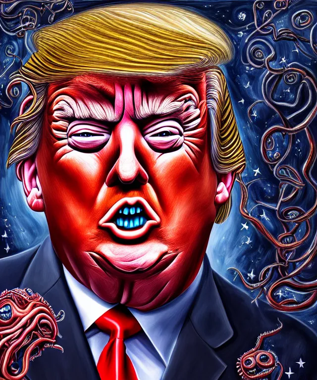 Prompt: a portrait painting of trump, polycount, surrealism, surrealist, lovecraftian, cosmic horror, high detail