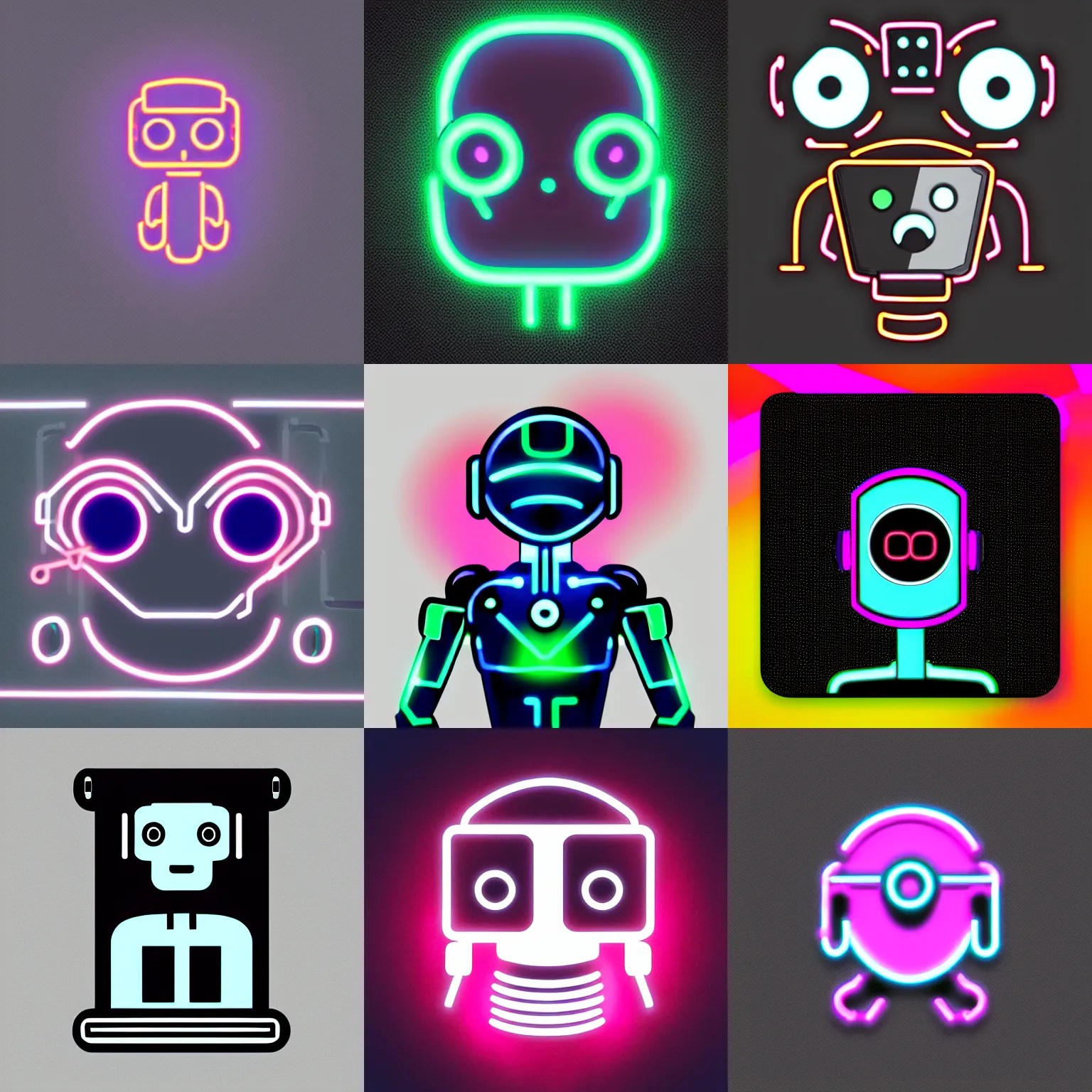 Prompt: Icon for a robot waifu discord app, neon, detailed, black background