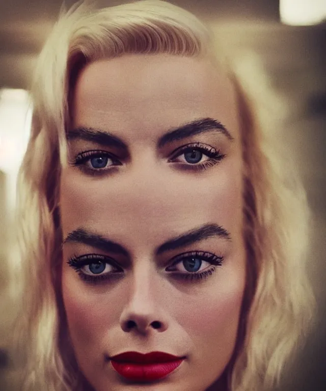 Image similar to a color photograph of margot robbie, by diane arbus, platinum blond, intense, bold, exaggerated, ultra sharp, extra details, ultra high quality, trending on pinteresst