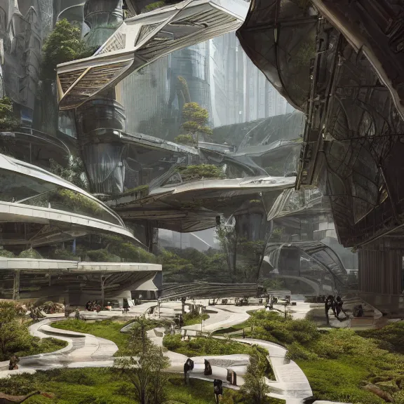 Image similar to environment concept art location of a giant outdoor amphitheater in a sci-fi eco-city, skybridges, turrets, busy, futuristic, unreal engine, detailed, octane render, 4k, photorealistic, cinematic lighting