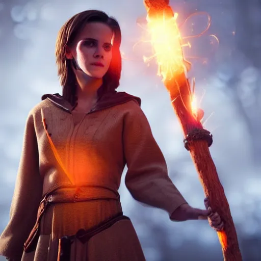Prompt: Emma Watson wearing cheap medieval tunic holding a glowing fire magical staff. Trending on Artstation, octane render, ultra detailed, art by Ross tran