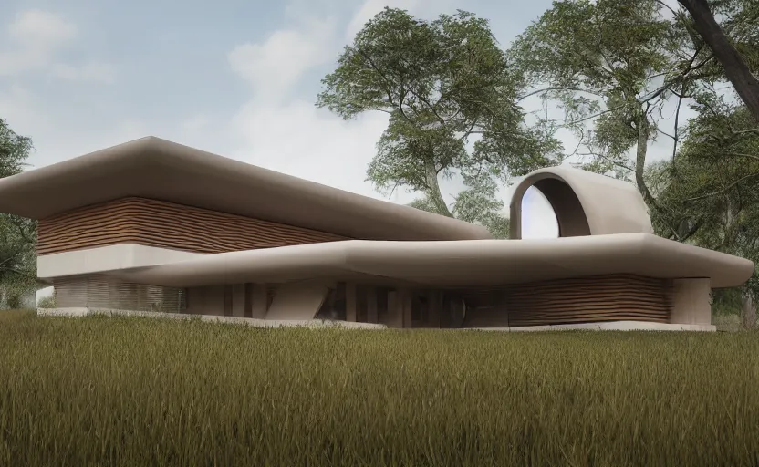 Prompt: futuristic rural architectural masterpiece by frank Lloyd wright and Zaha hadid, detailed, octane render, photo realism, 3D, ray tracing, photo realism