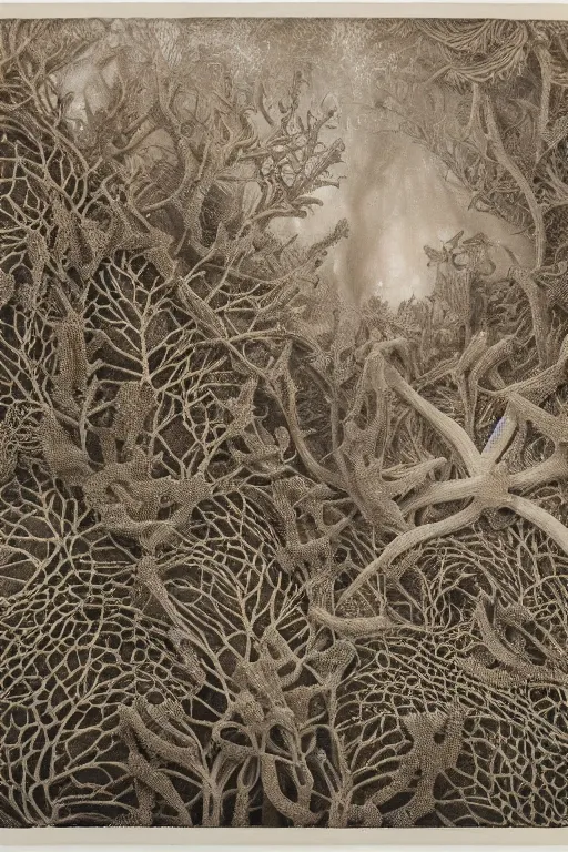 Image similar to a coral reef, made of intricate decorative lace leaf skeleton, in the style of the dutch masters and gregory crewdson, dark and moody