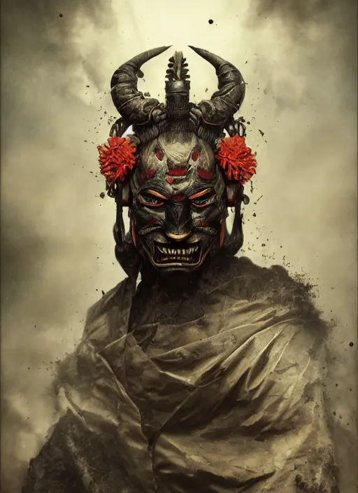 Image similar to dark samurai portrait, symmetrical face, hannya oni mask, after a battle, dirt and unclean, extreme detail, cinematic, dramatic lighting render, by tom bagshaw, masterpiece