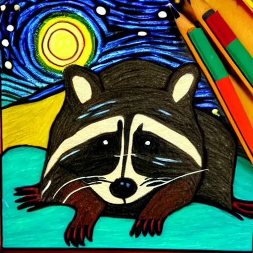 Prompt: a raccoon drawn in the style of starry night