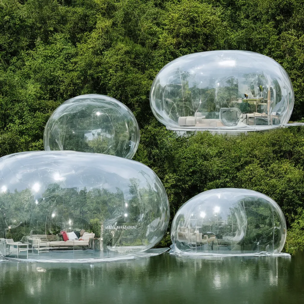 Prompt: an inflatable house made of clear plastic sheeting. The house is made of 3 inflated bubbles. The inflated house sits in a lake on the edge of a forest. A family is living inside the bubble house and it is furnished with contemporary furniture and art. ultra wide shot, matte painting, 8k, photorealistic