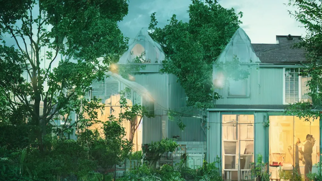 Prompt: ! dream a couple, green house, quiet street, sunset lighting, rim light, hyper realistic, 1 0 5 mm, cinematic frame