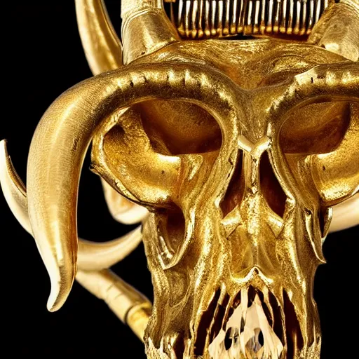 Prompt: horned bull skull : : artifact, made of gold and jewels : :