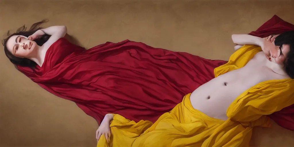 Image similar to beautiful oil matte portrait painting, top down view of a young woman lying on a red bed sheet wearing a mustard yellow dress covered in rose petals, wonderful masterpiece highly detailed, beautiful cinematic light deep focus, elegant, digital painting, smooth, sharp focus, golden ratio, dramatic illumination, ultra realistic, 8 k, art by jimmy law