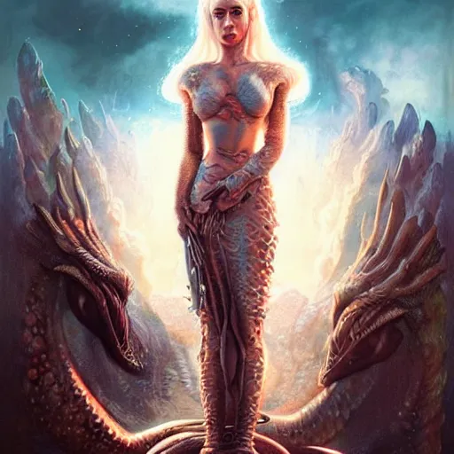 Image similar to lofi biopunk daenerys targaryen portrait with dragons, Pixar style, by Tristan Eaton Stanley Artgerm and Tom Bagshaw.