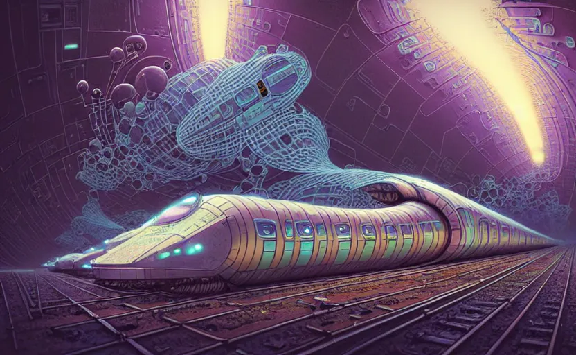 Image similar to urban train design only! 2 0 5 0 s retro future art 1 9 7 0 s science fiction borders lines decorations space machine, mech, robot. muted colors. by jean - baptiste monge, ralph mcquarrie, marc simonetti, 1 6 6 7. mandelbulb 3 d, fractal flame, jelly fish, coral, cinematic lightning
