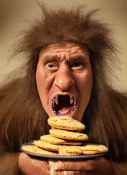 Prompt: closeup portrait of a troll eating biscuits in the dungeon , depth of field, zeiss lens, detailed, symmetrical, centered, fashion photoshoot, by Annie Leibovitz and Steve McCurry, David Lazar, Jimmy Nelsson, Breathtaking, 8k resolution, extremely detailed, beautiful, establishing shot, artistic, hyperrealistic, beautiful face, octane render