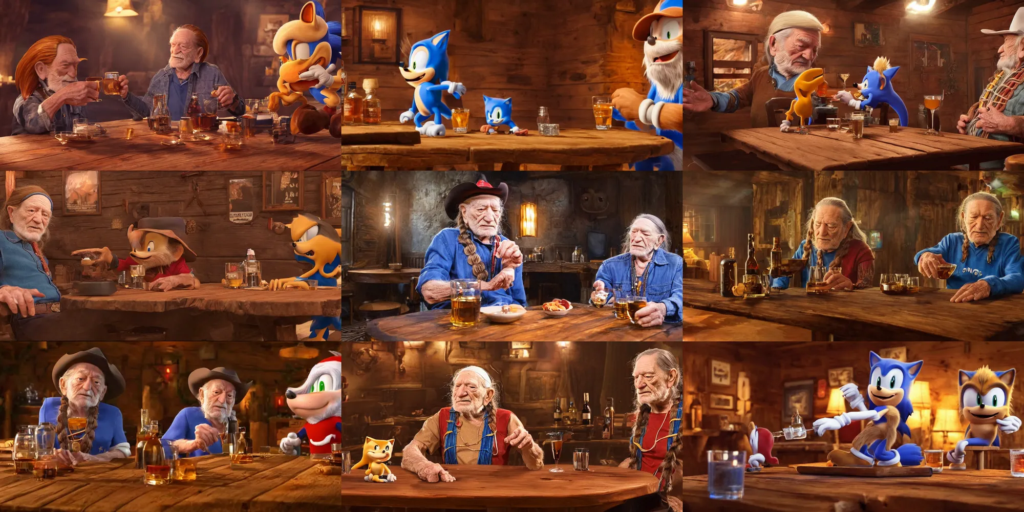 Prompt: willie nelson merrily drinking whiskey together at a wooden table with sonic the hedgehog from sega, cinematic lighting, relaxed smoky atmosphere, award winning vfx shot, cinematography, imax photography 4 k