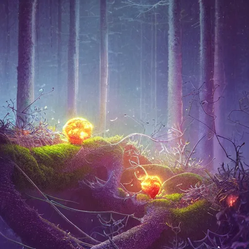 Image similar to a beautiful macro photography of moss with alien fungus and fireflies, hyper detailed, warm volumetric lights, made by gerald brom and mike winkelmann, photorealism.